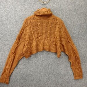 Roll Neck Crop Sweater Womens L Caramel Brown Open Cable Knit Boho BEIGE BOTANY